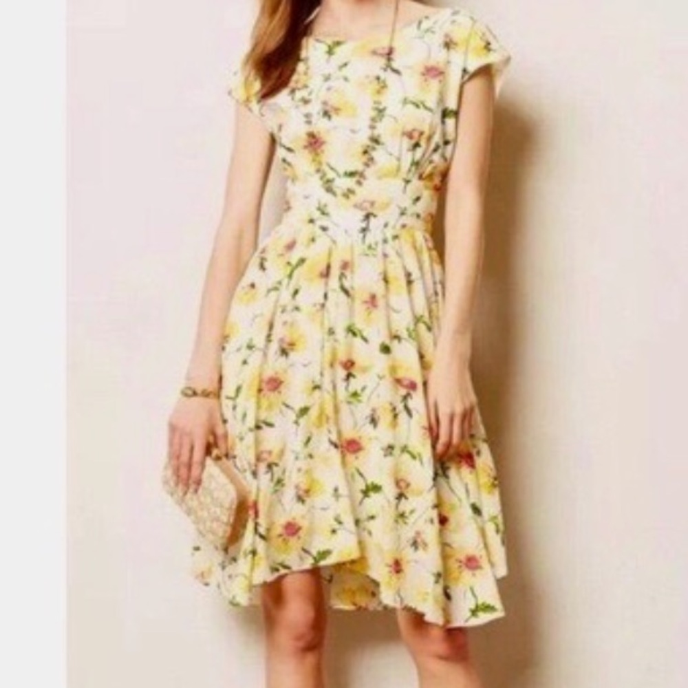 Anthropology LIL Dress 2 White Yellow Floral Fit Flare Romantic Feminine